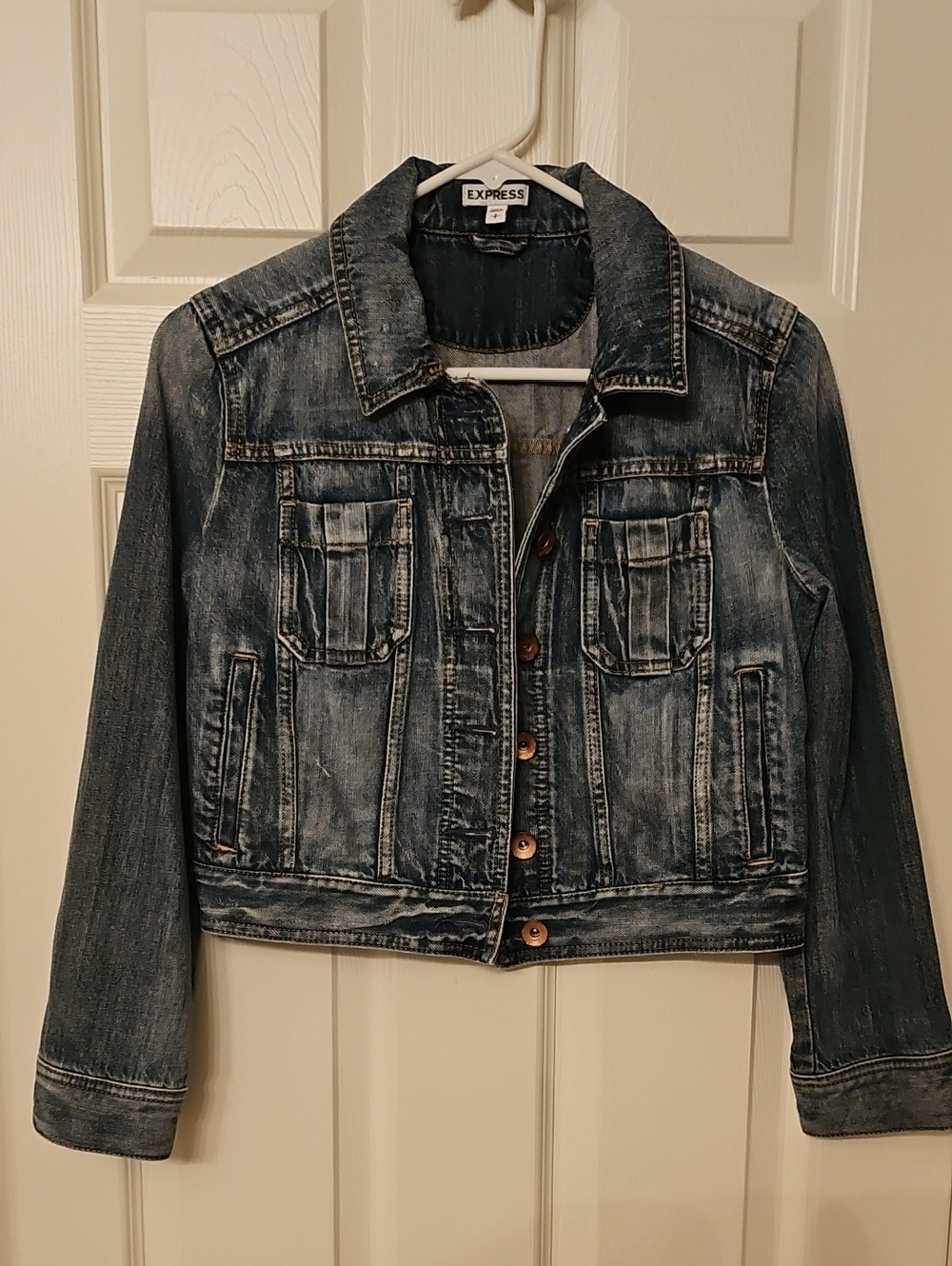 Express Women's Distressed Denim Jacket - Faded Blue
